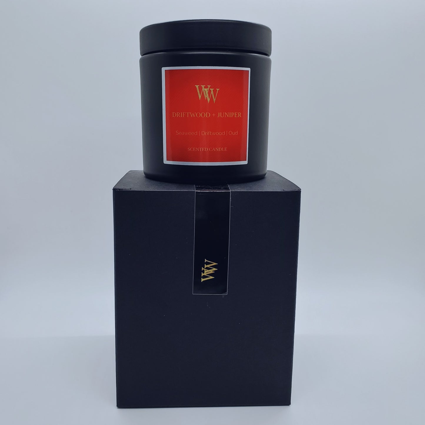 Driftwood + Juniper Home Candle | Soy Wax | Sleek Black Glam Tin 9oz
